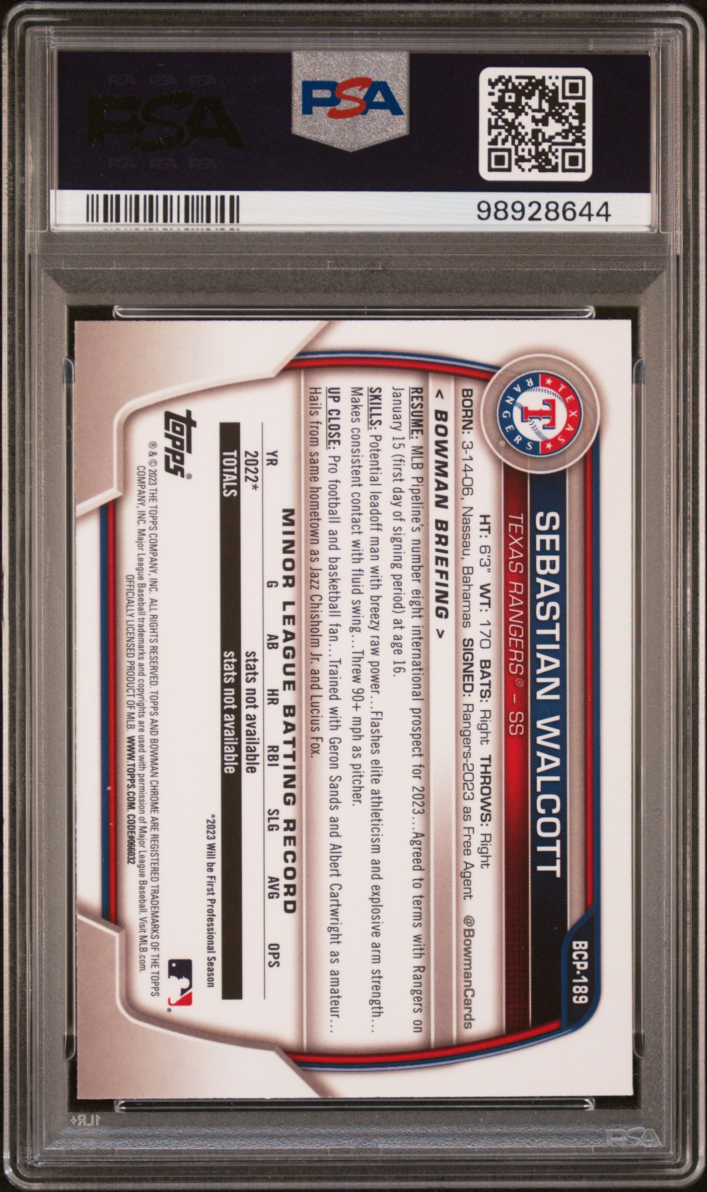 2023 Bowman Mega Box Chrome #189 Sebastian Walcott PSA 10