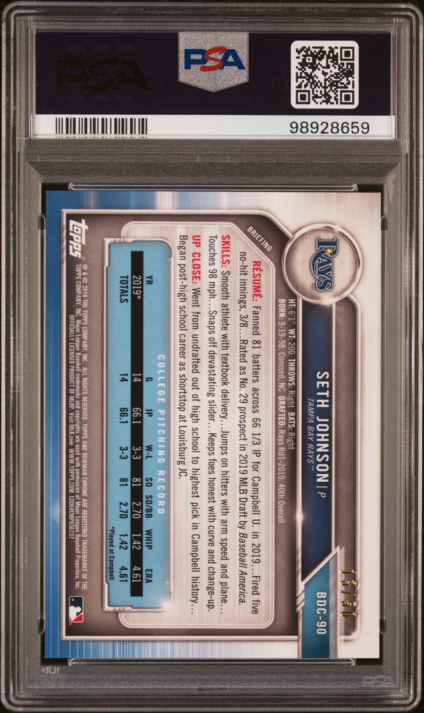 2019 Bowman Draft Chrome Sapphire Edition #BDC90 Seth Johnson-Green PSA 10