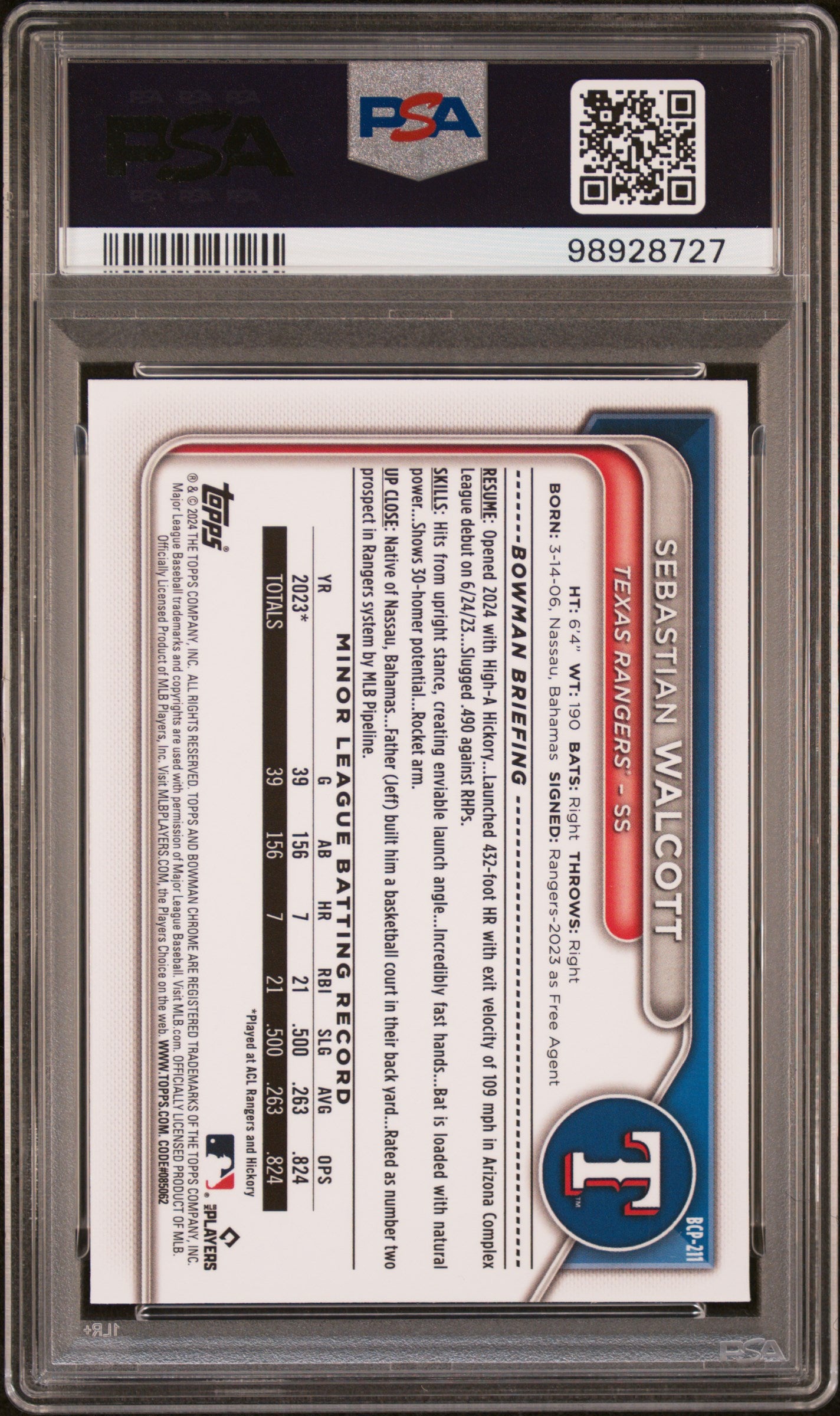2024 Bowman Chrome Prospects #BCP211 Sebastian Walcott-Fuchsia Shimmer PSA 10