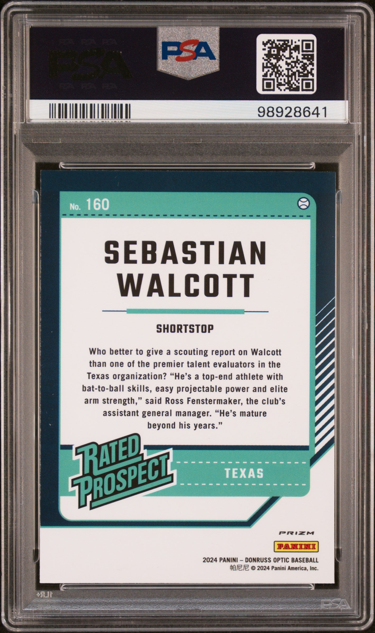 2024 Panini Donruss #160 Sebastian Walcott Optic-Blue Velocity PSA 9