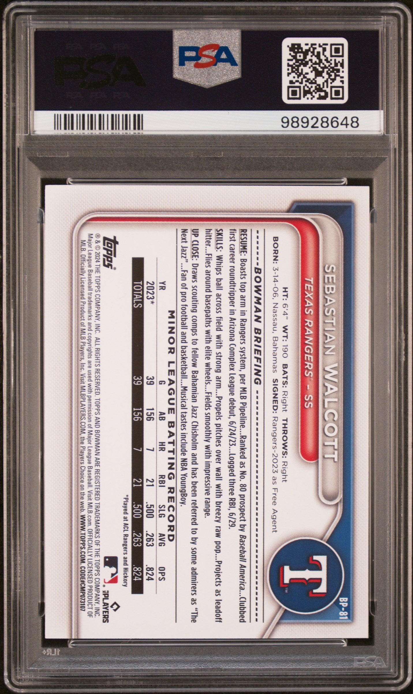2024 Bowman Paper Prospects #BP81 Sebastian Walcott-Blue Pattern PSA 8