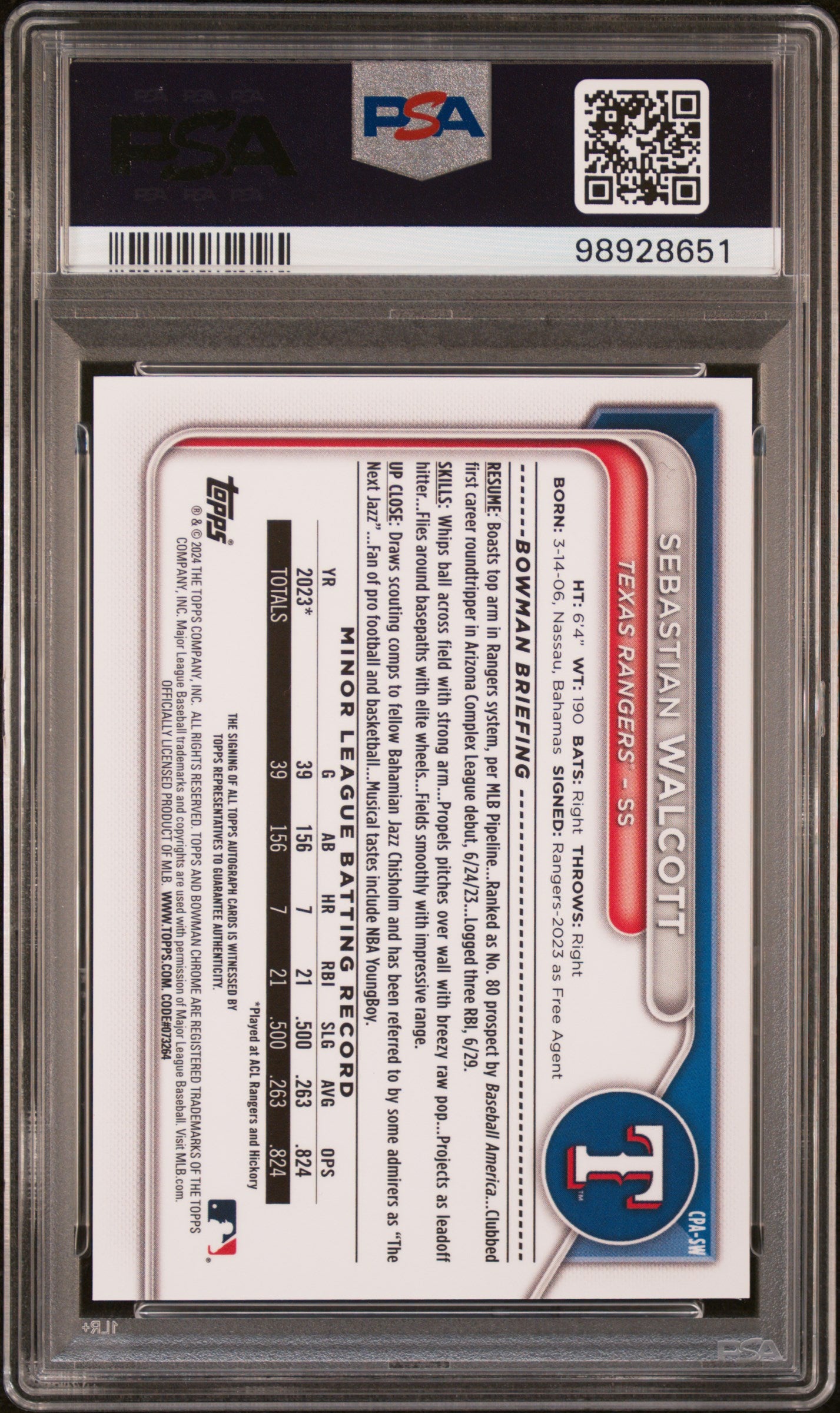 2024 Bowman Chrome Prospect Auto #CPASW Sebastian Walcott Blu Lunar Ref PSA 9