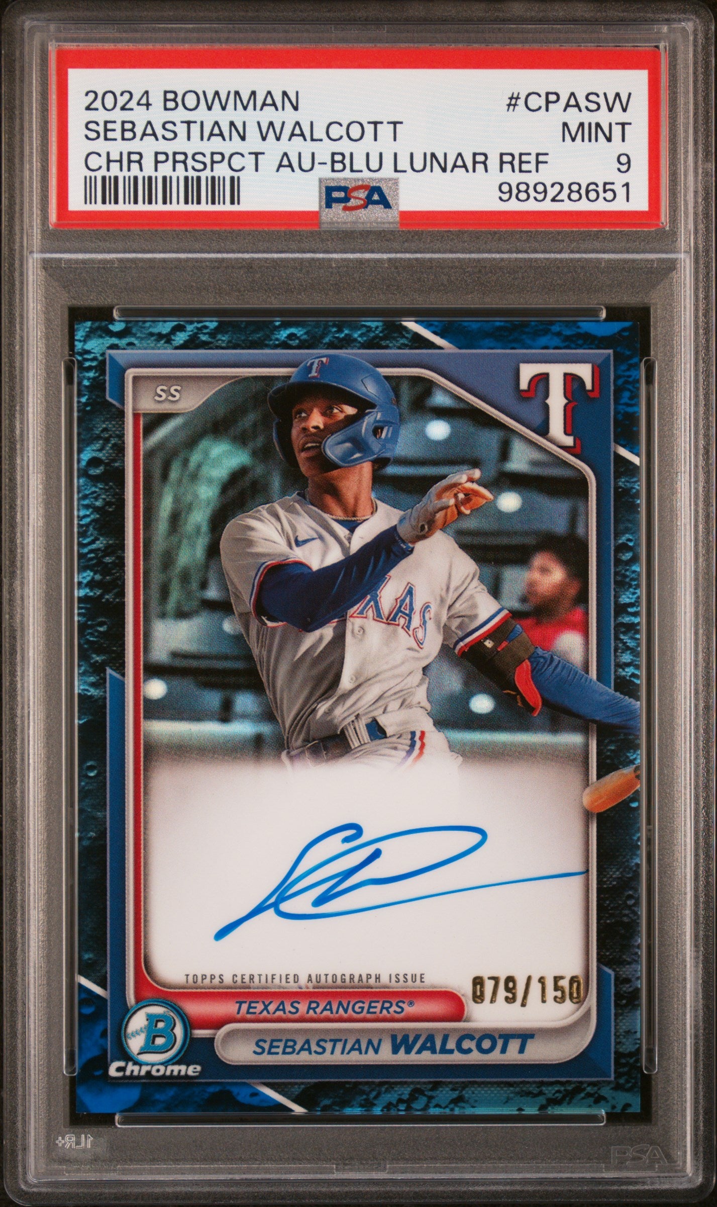 2024 Bowman Chrome Prospect Auto #CPASW Sebastian Walcott Blu Lunar Ref PSA 9