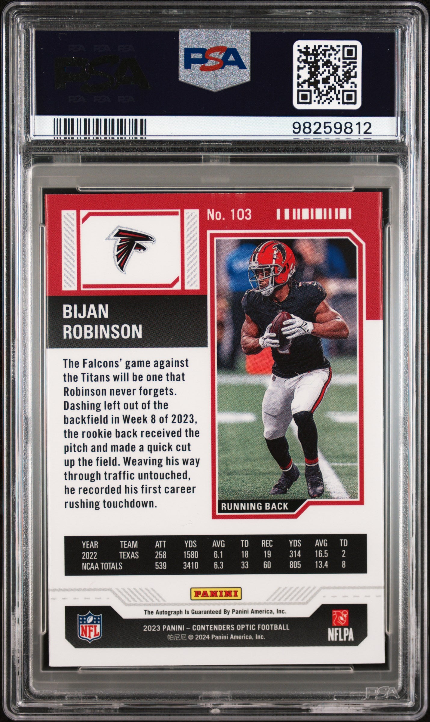 2023 Panini Contenders Optic #103 Bijan Robinson Autograph PSA 10