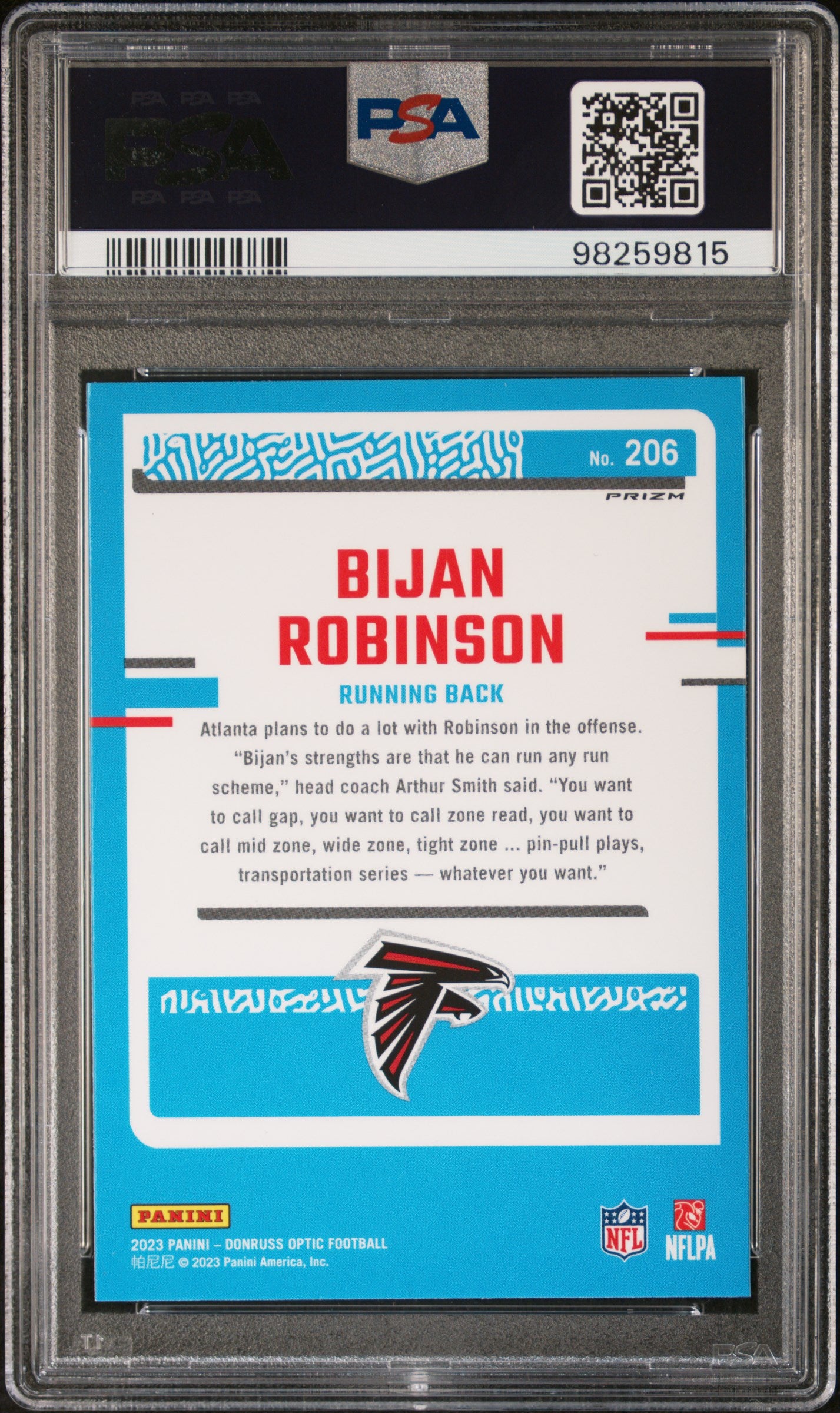 2023 Panini Donruss Optic #206 Bijan Robinson Purple Shock PSA 10