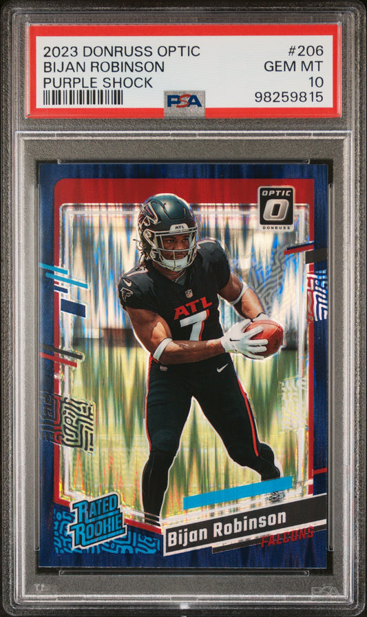 2023 Panini Donruss Optic #206 Bijan Robinson Purple Shock PSA 10