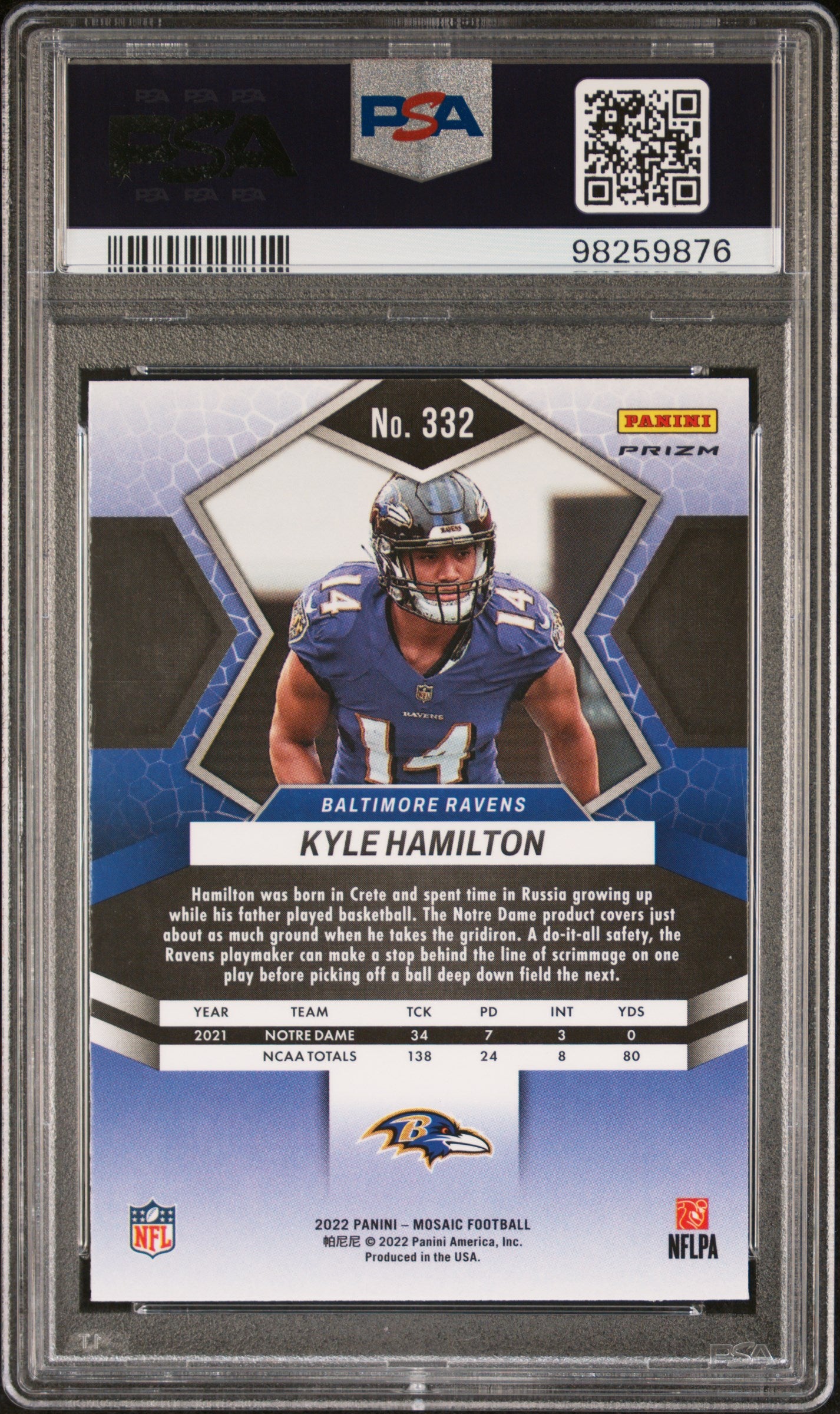 2022 Panini Mosaic #332 Kyle Hamilton Red Sparkle PSA 10