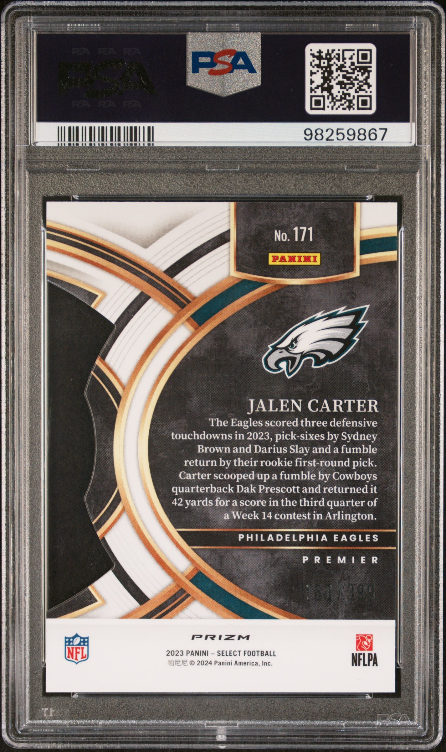 2023 Panini Select #171 Jalen Carter Die-Cut Orange Prizm PSA 10