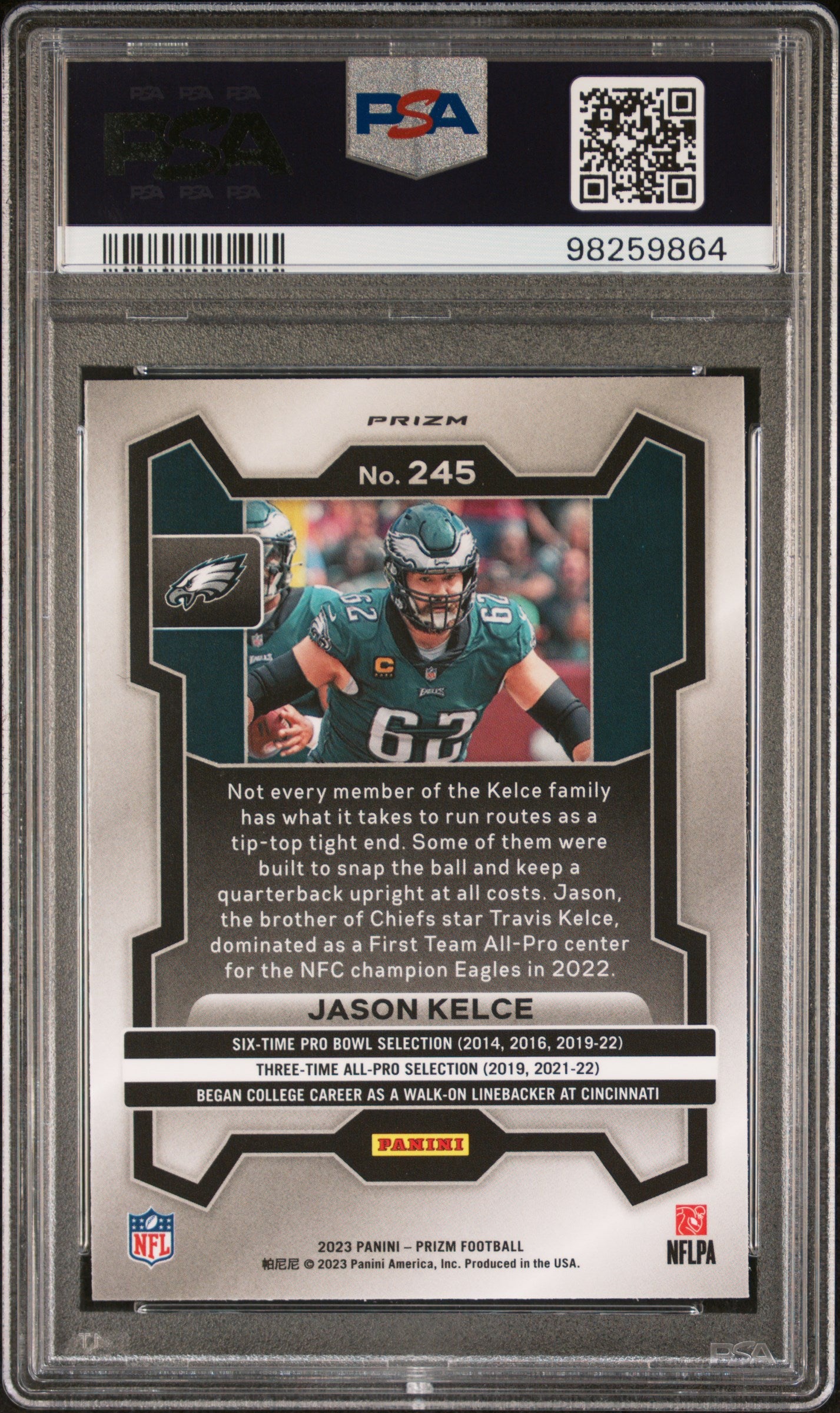 2023 Panini Prizm #245 Jason Kelce Red/White/Blue Prizm PSA 10