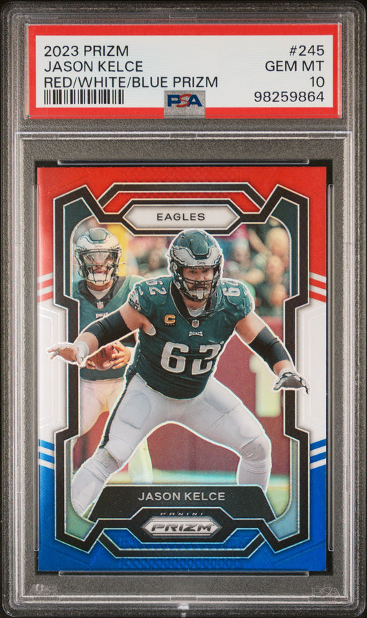 2023 Panini Prizm #245 Jason Kelce Red/White/Blue Prizm PSA 10
