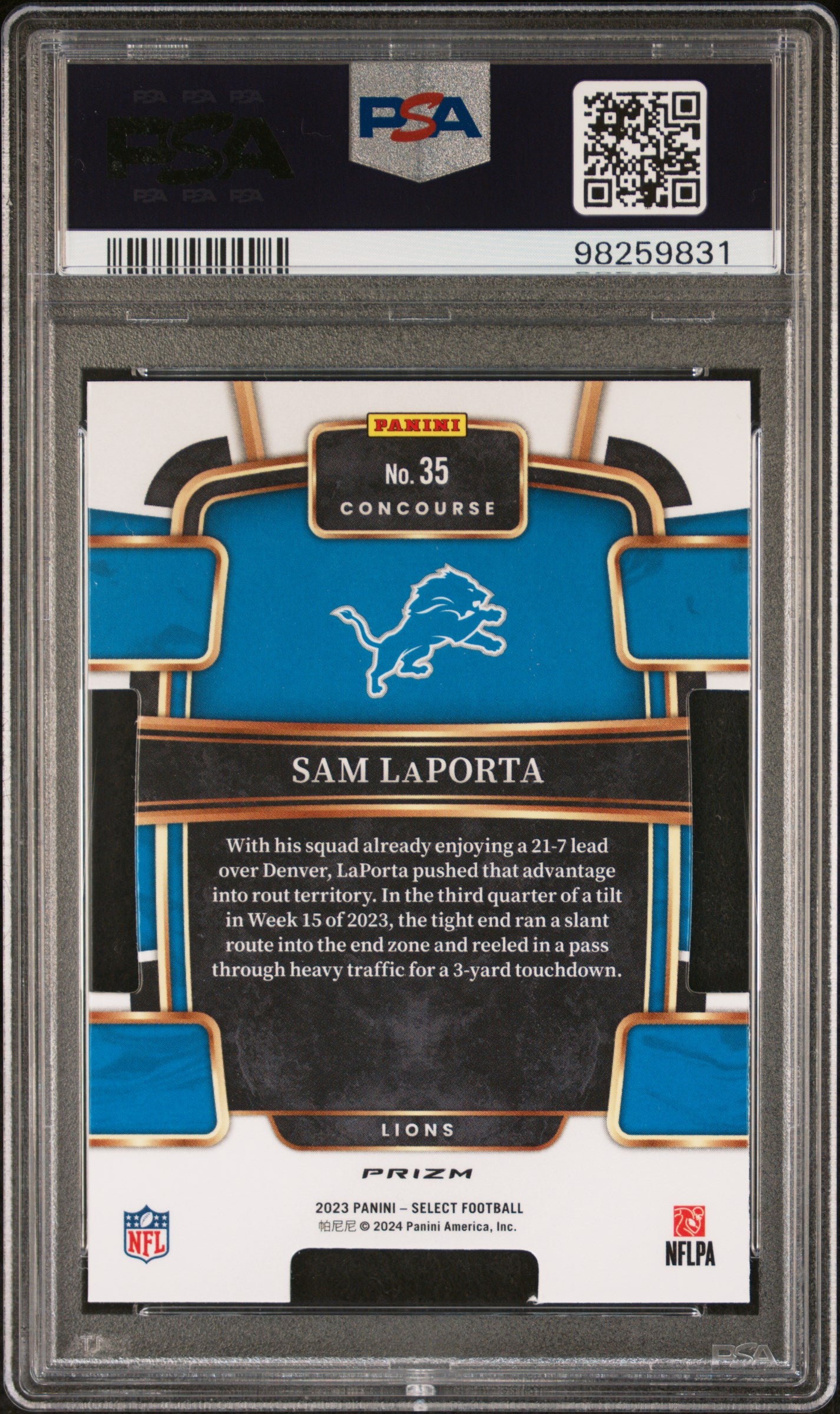 2023 Panini Select #35 Sam Laporta Die-Cut Red & Blue Prizm PSA 10
