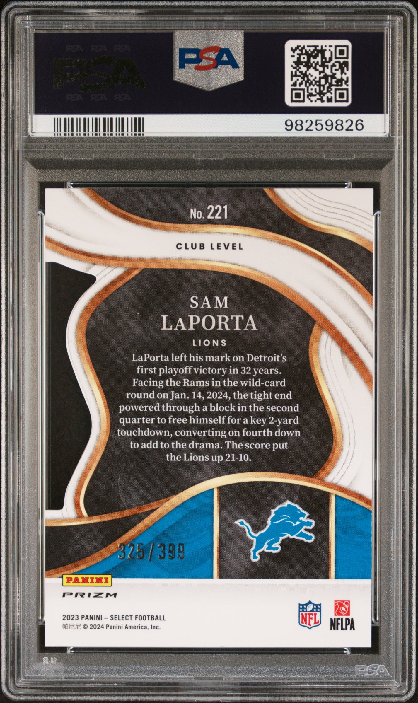 2023 Panini Select #221 Sam Laporta Die-Cut Orange Prizm PSA 10