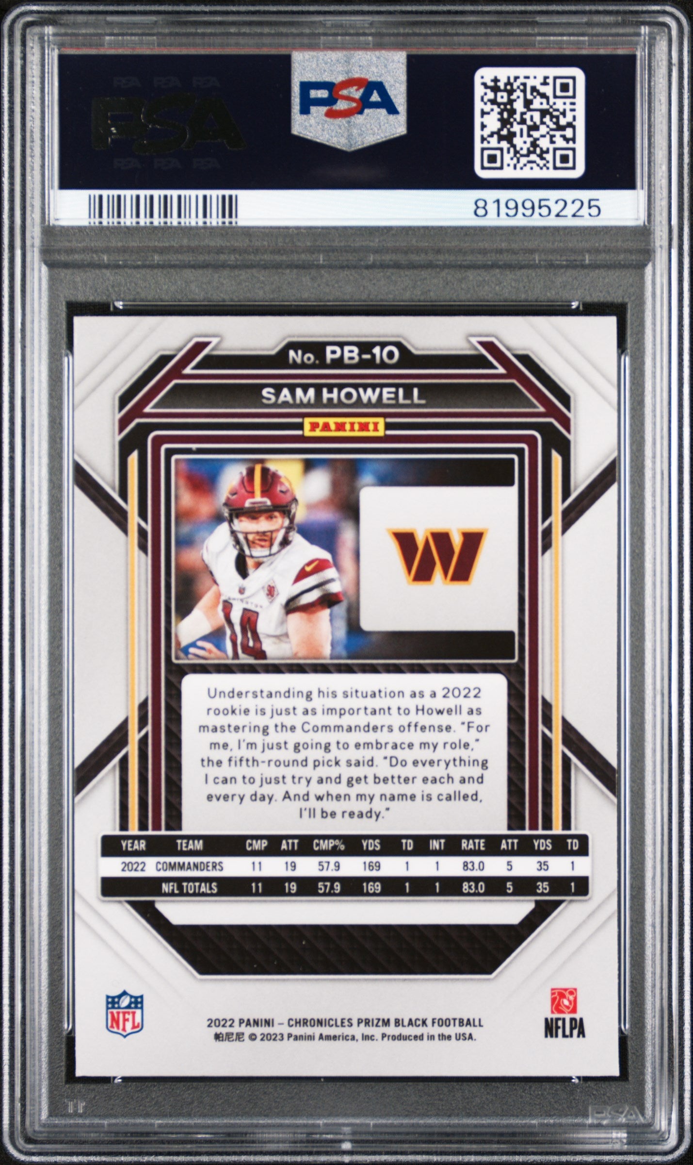 2022 Panini Chronicles Prizm Black #PB10 Sam Howell PSA 10