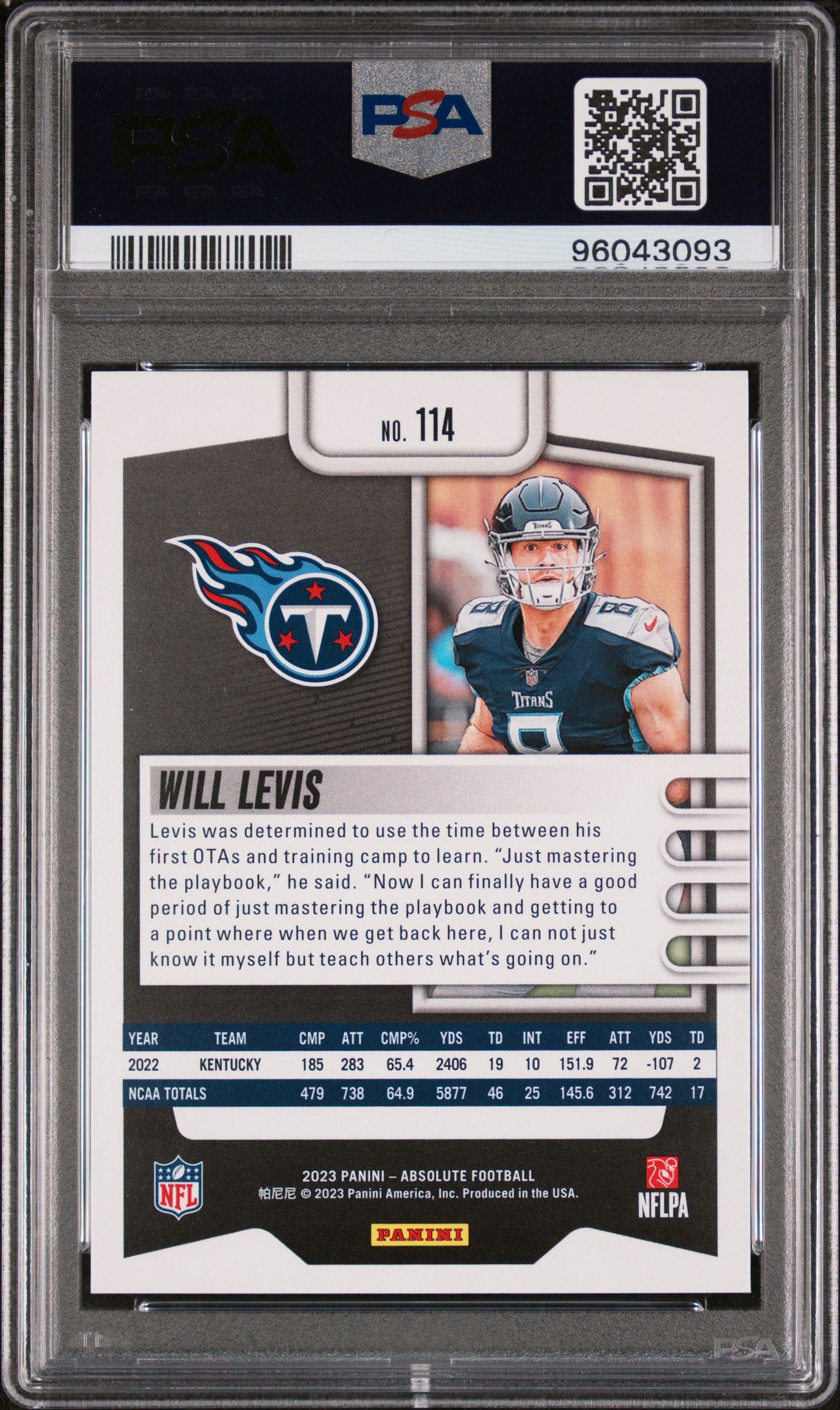 2023 Panini Absolute #114 Will Levis PSA 10