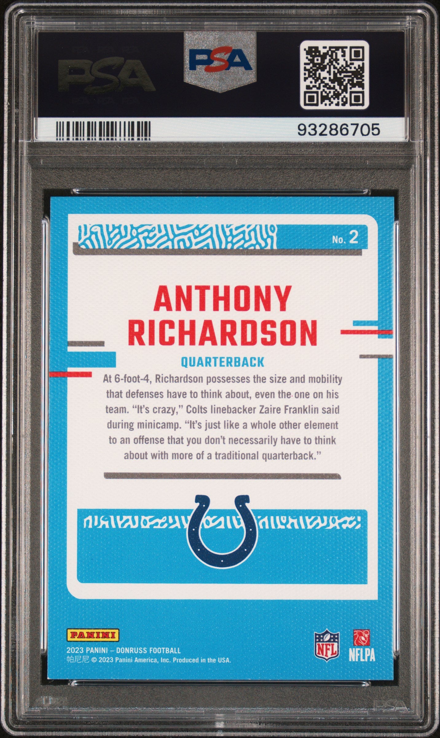 2023 Panini Donruss Rated Rookies Portrait #2 Anthony Richardson PSA 10