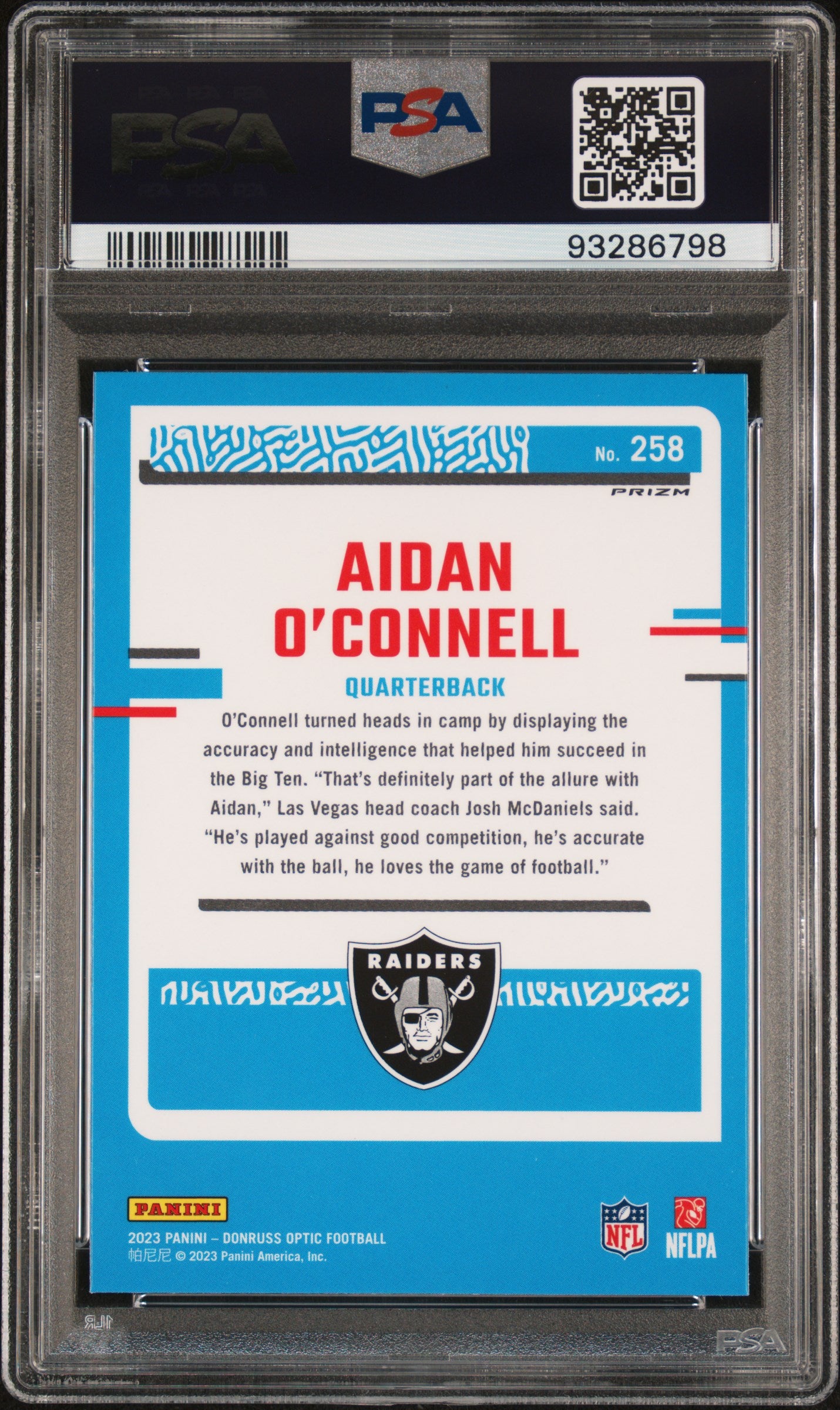 2023 Panini Donruss Optic #258 Aidan O'Connell Purple Shock PSA 10