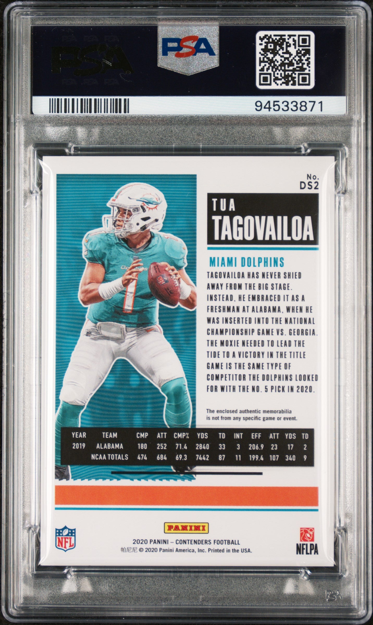 2020 Panini Contenders Rookie Ticket Dual Swatches #DS2 Tua Tagovailoa PSA 10