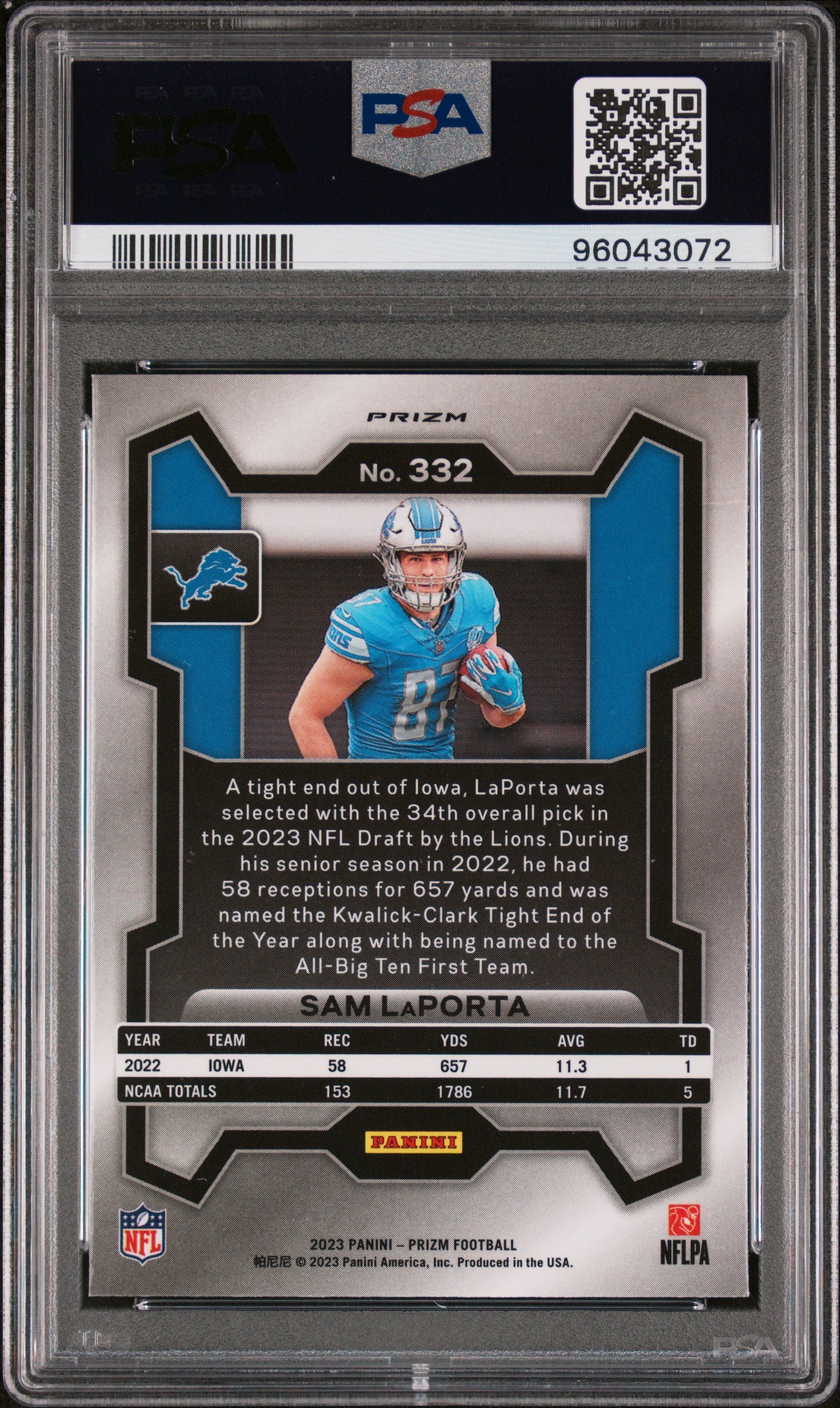 2023 Panini Prizm #332 Sam Laporta Green Prizm PSA 9