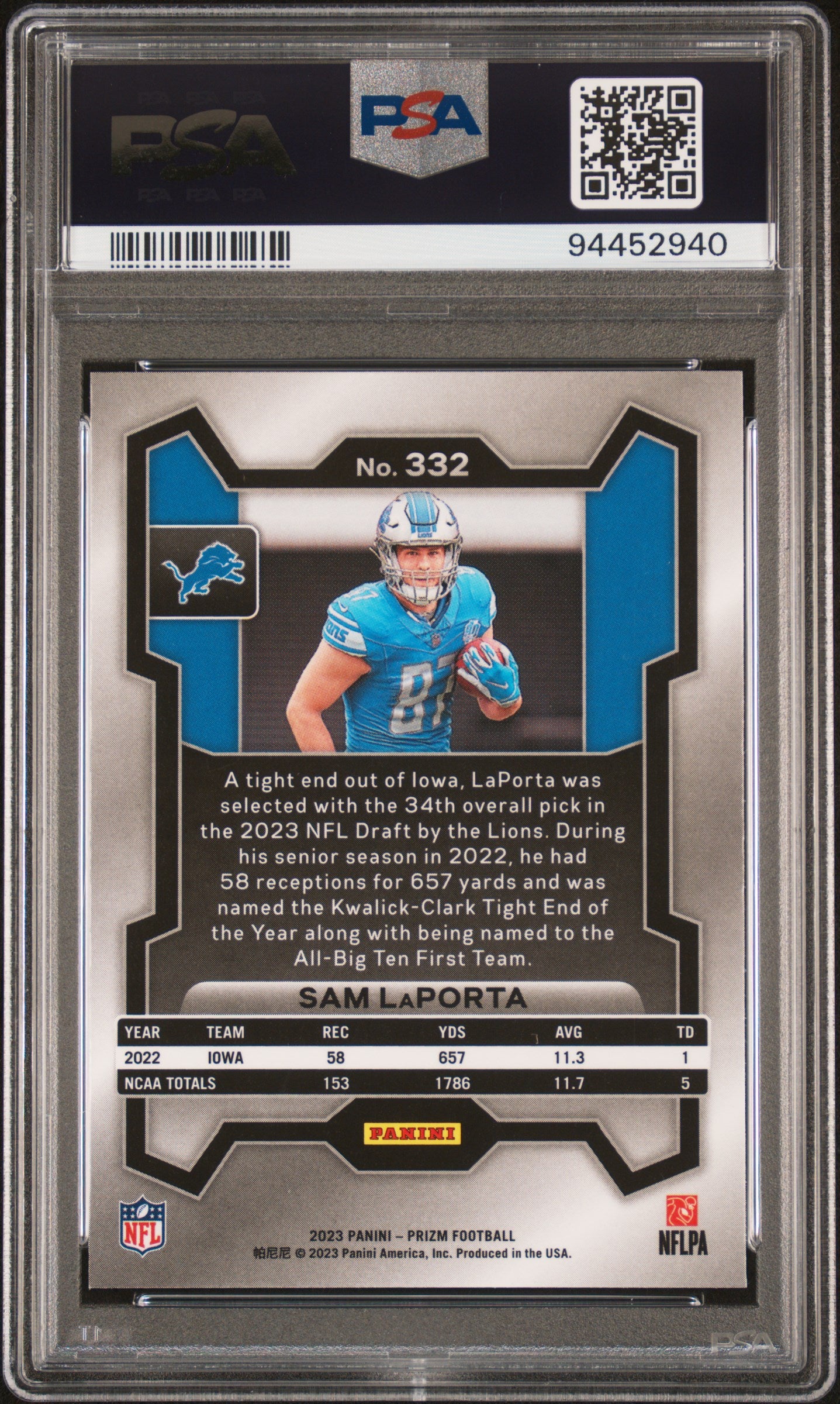 2023 Panini Prizm #332 Sam Laporta PSA 10