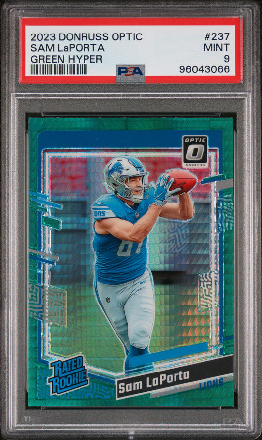 2023 Panini Donruss Optic #237 Sam Laporta Green Hyper PSA 9