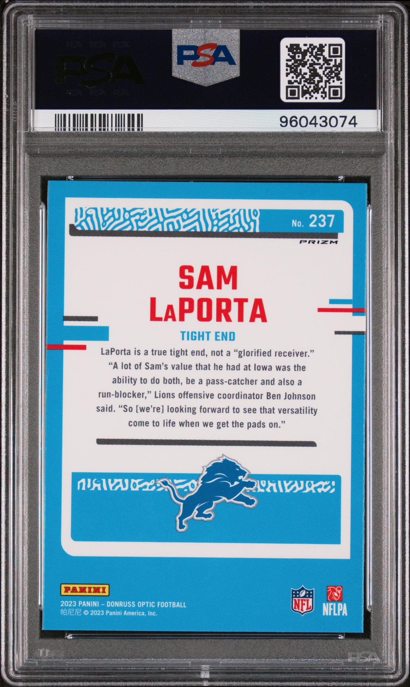 2023 Panini Donruss Optic #237 Sam Laporta Purple Shock PSA 10 SKU115
