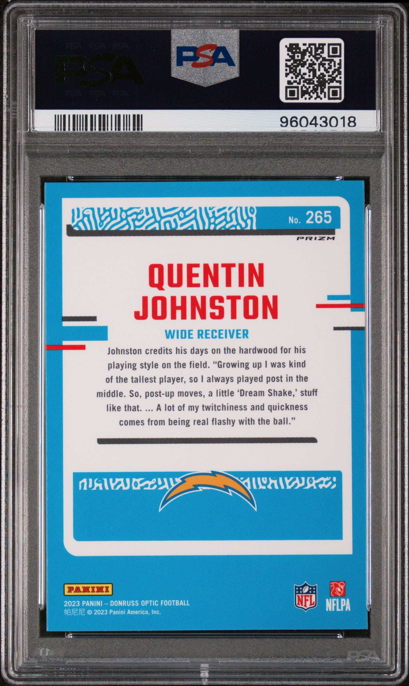 2023 Panini Donruss Optic #265 Quentin Johnston Green Velocity PSA 10