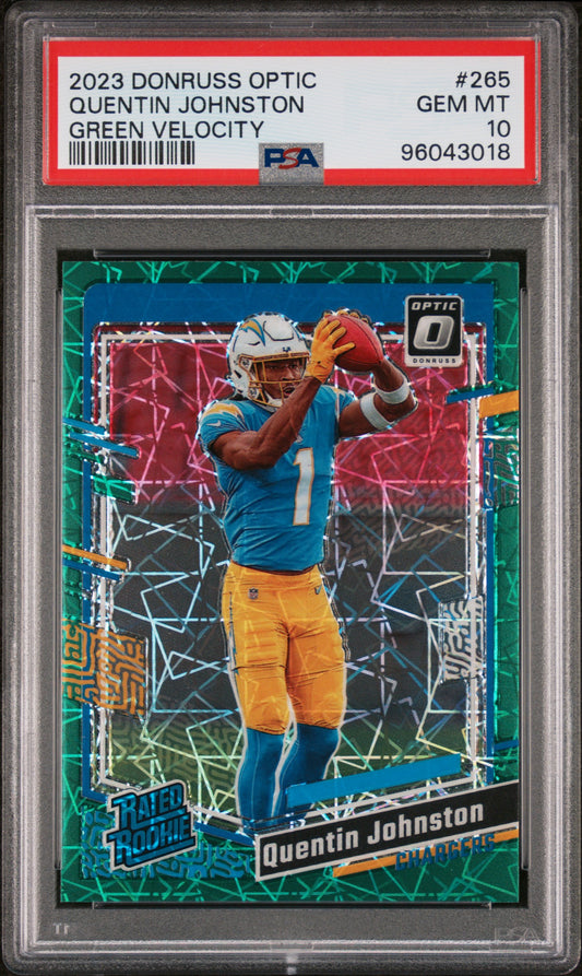 2023 Panini Donruss Optic #265 Quentin Johnston Green Velocity PSA 10