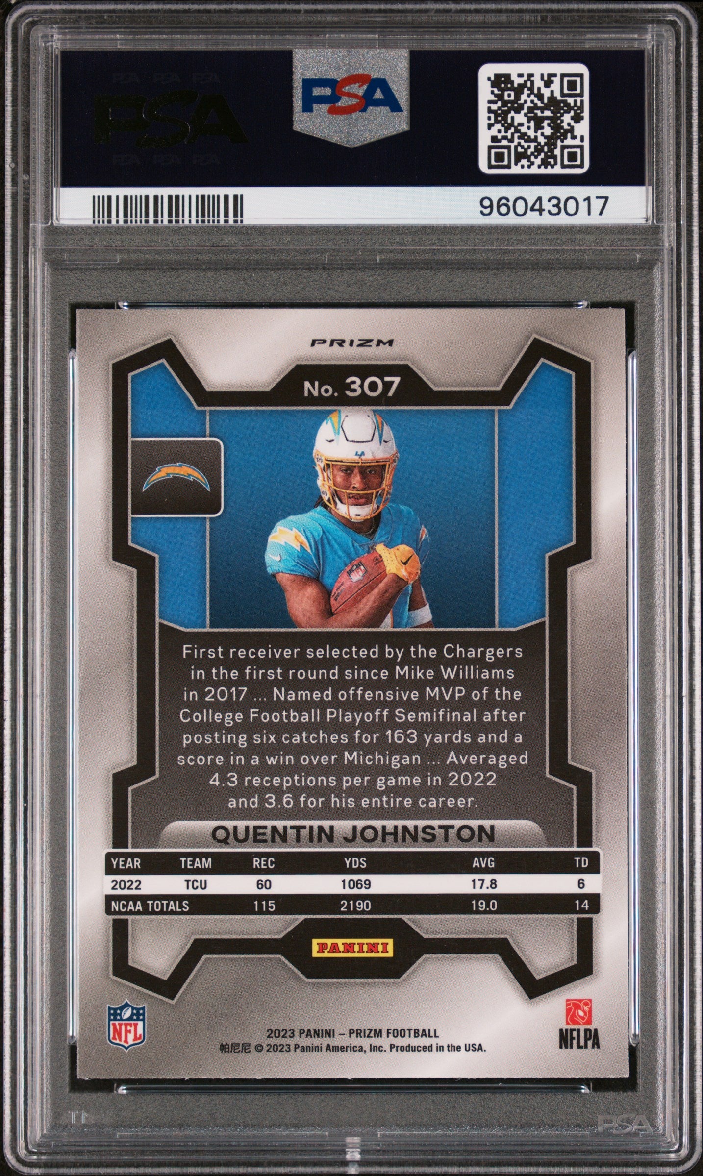 2023 Panini Prizm #307 Quentin Johnston Variation PSA 9