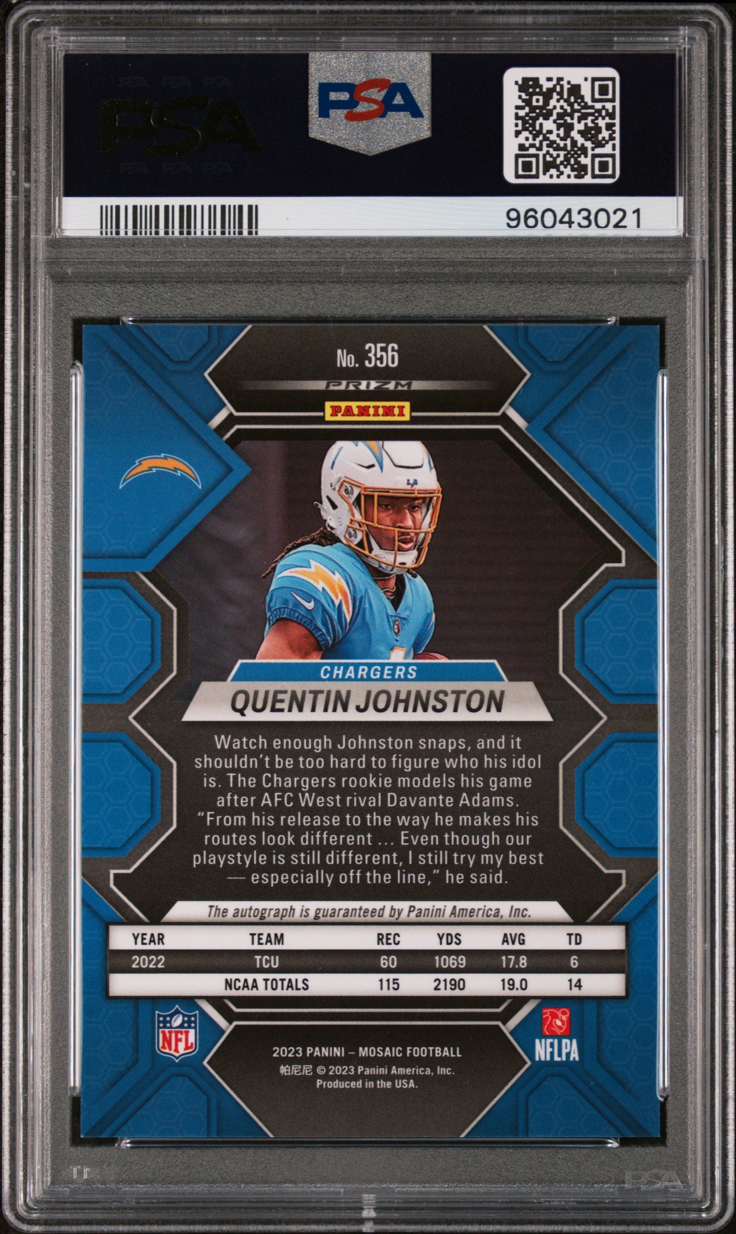2023 Panini Mosaic #356 Quentin Johnston Autograph PSA 9
