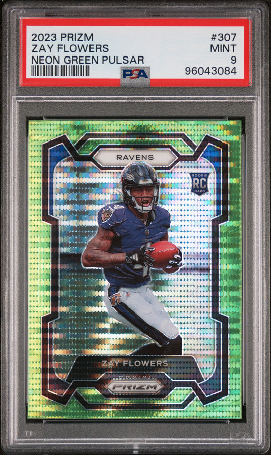 2023 Panini Prizm #307 Zay Flowers Neon Green Pulsar PSA 9