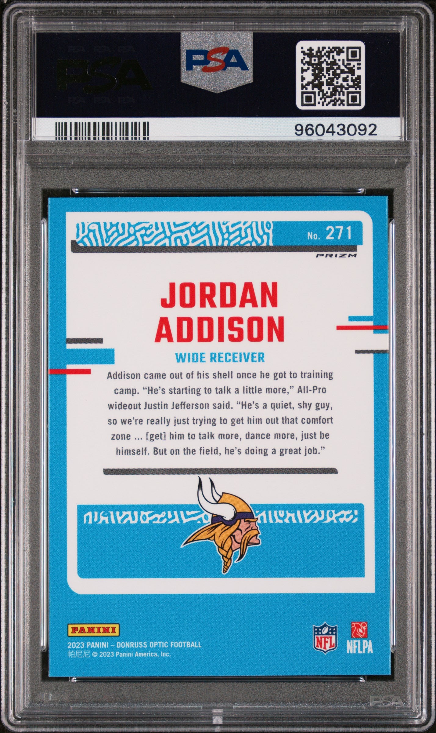 2023 Panini Donruss Optic #271 Jordan Addison Purple Shock PSA 9