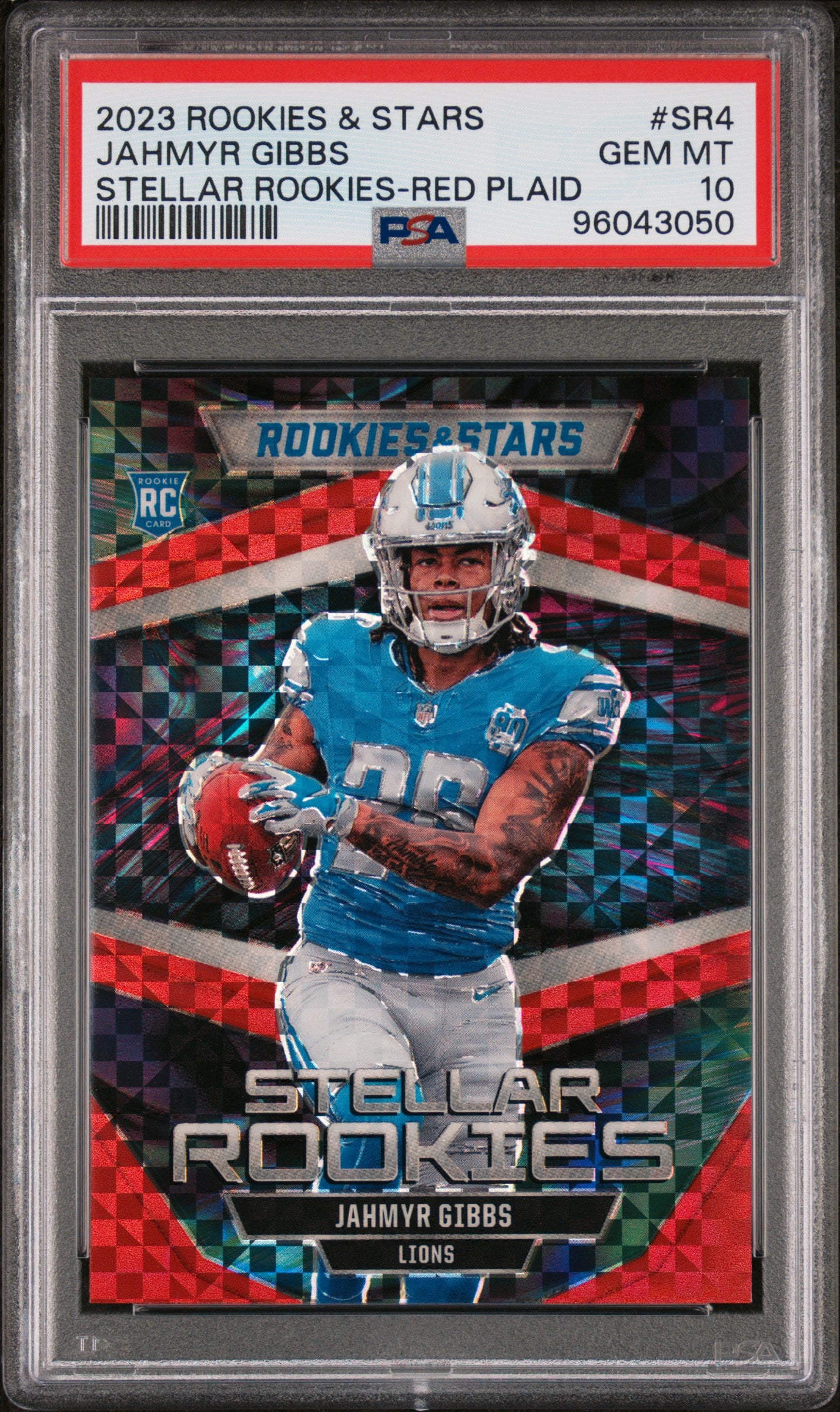 2023 Panini Rookies & Stars Stellar Rookies #SR4 Jahmyr Gibbs Red Plaid PSA 10
