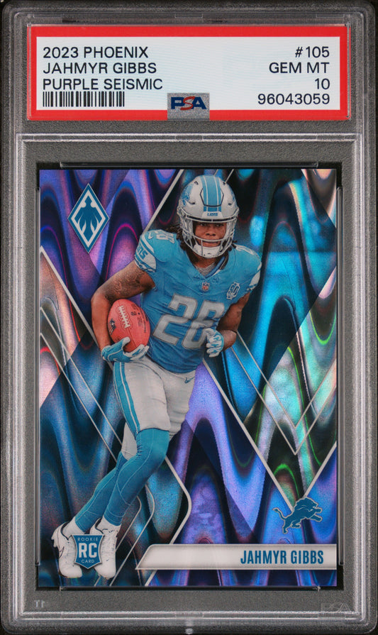 2023 Panini Phoenix #105 Jahmyr Gibbs Purple Seismic PSA 10