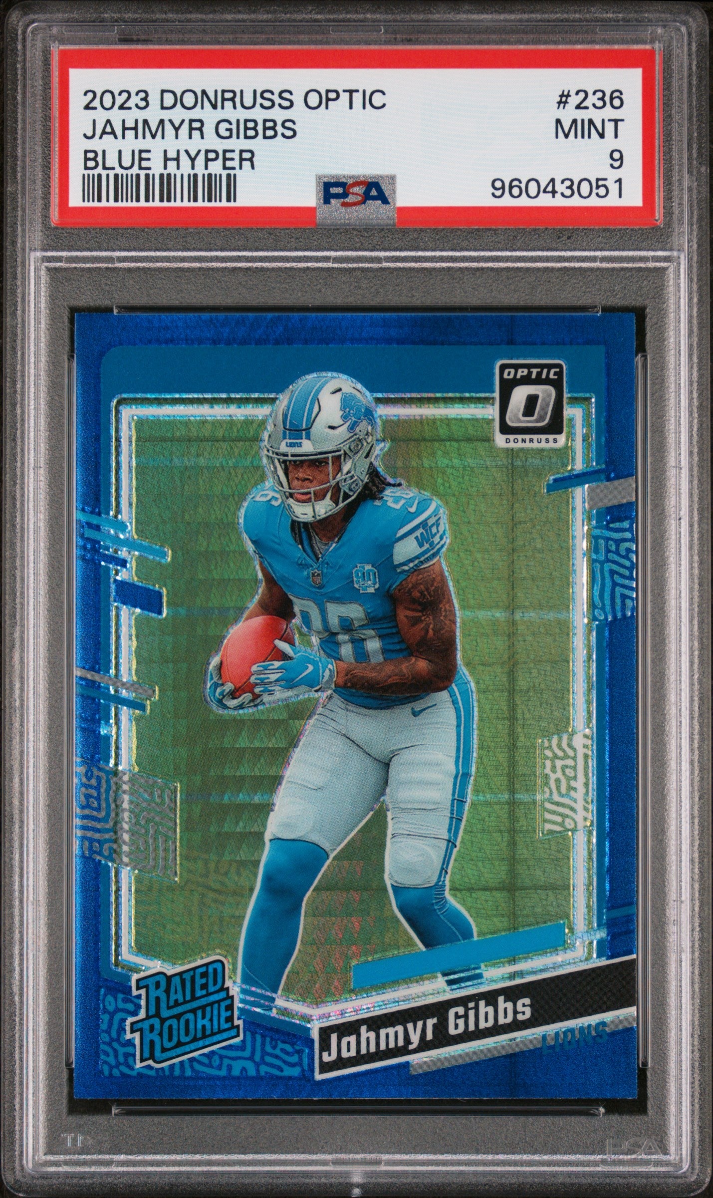2023 Panini Donruss Optic #236 Jahmyr Gibbs Blue Hyper PSA 9