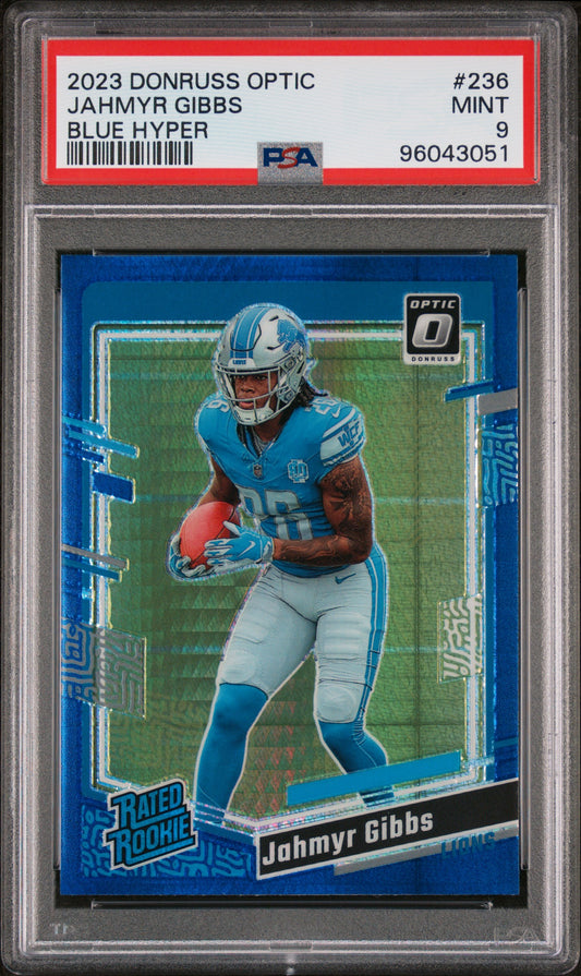 2023 Panini Donruss Optic #236 Jahmyr Gibbs Blue Hyper PSA 9