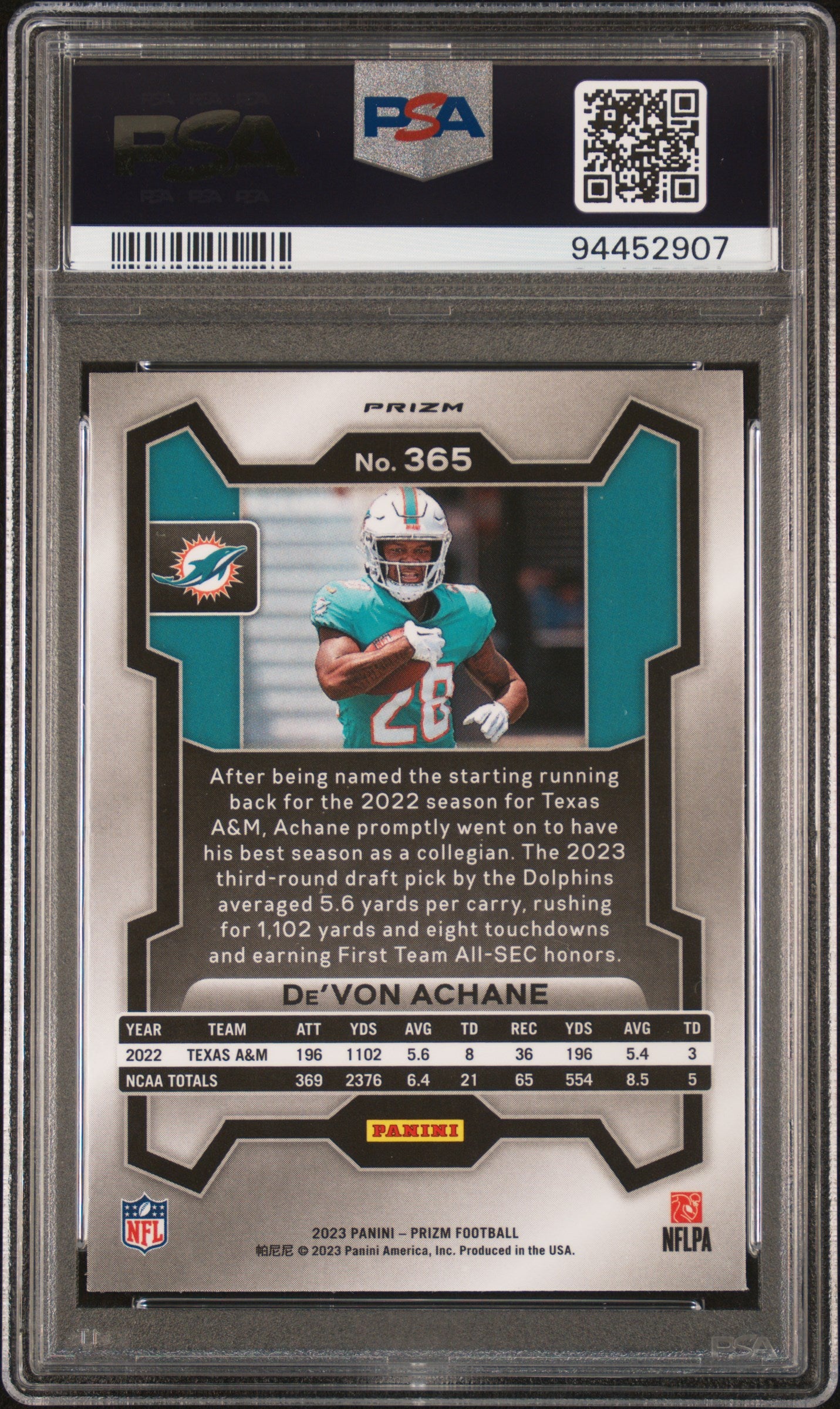 2023 Panini Prizm #365 De'Von Achane Silver Prizm PSA 10