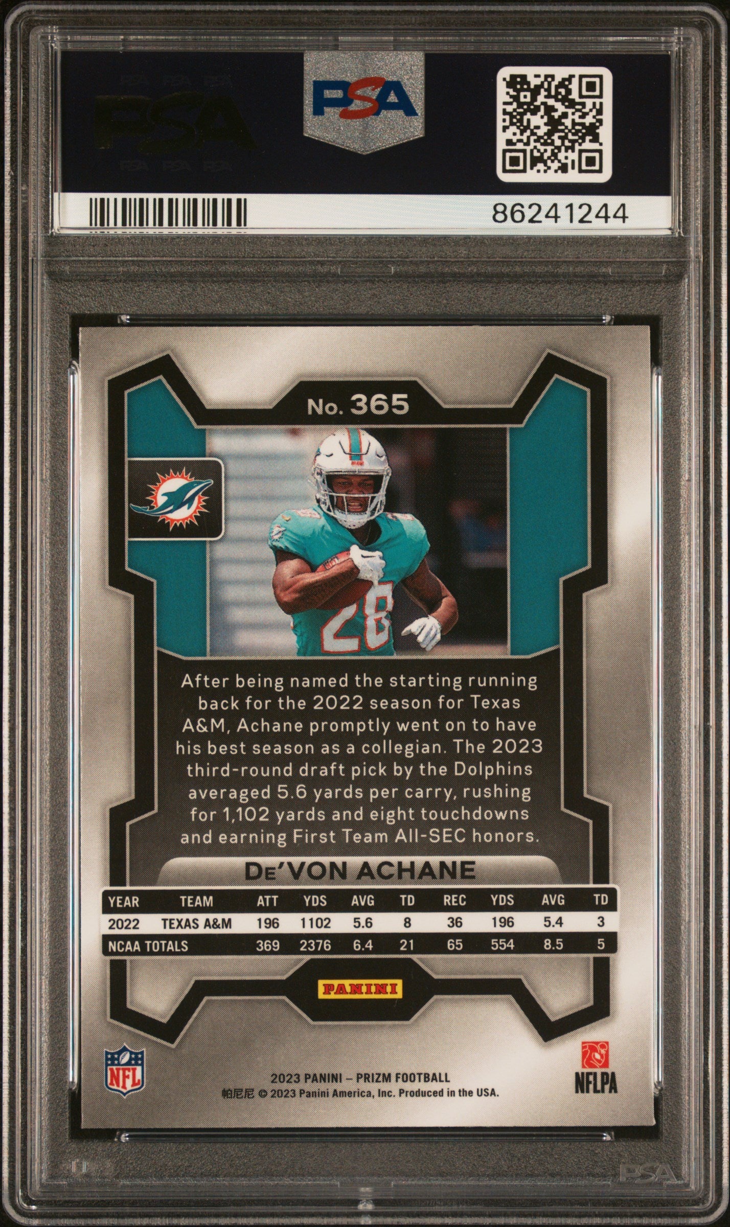 2023 Panini Prizm #365 De'Von Achane PSA 10