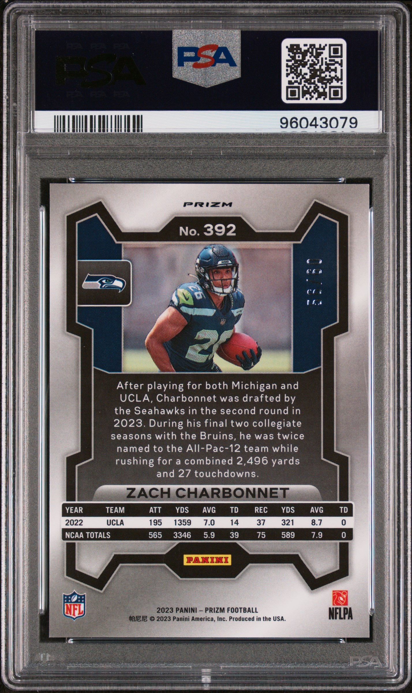 2023 Panini Prizm #392 Zach Charbonnet Orange Wave PSA 10