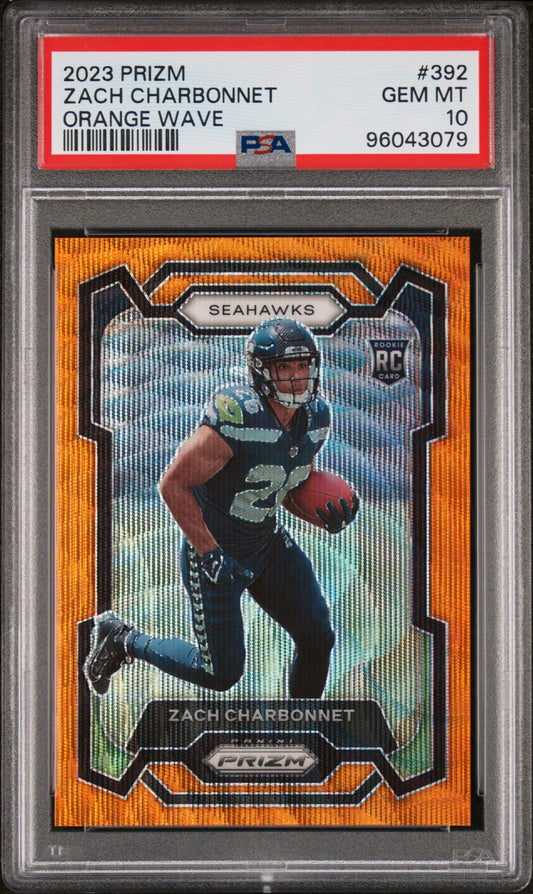2023 Panini Prizm #392 Zach Charbonnet Orange Wave PSA 10