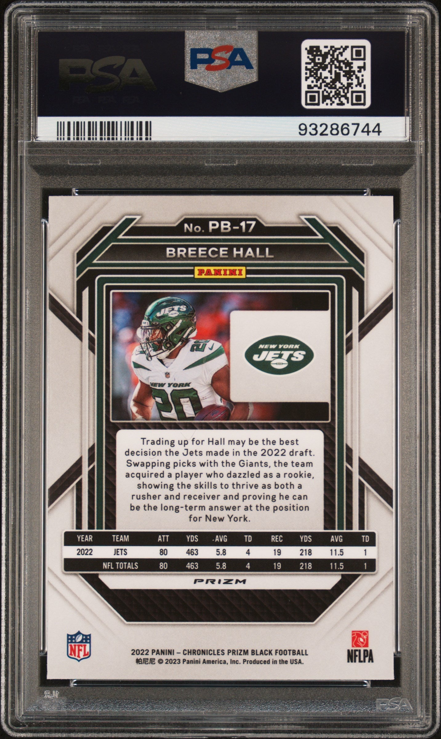 2022 Panini Chronicles Prizm Black #PB17 Breece Hall Prizm Black-Silver PSA 9