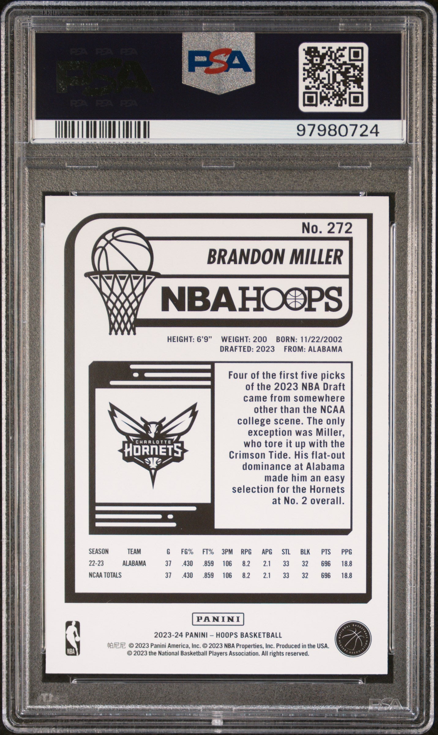 2023 Panini NBA Hoops #272 Brandon Miller Winter PSA 10