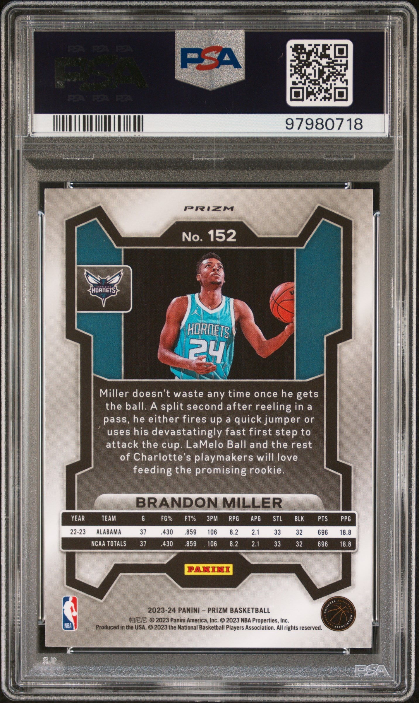 2023 Panini Prizm #152 Brandon Miller Ice PSA 10