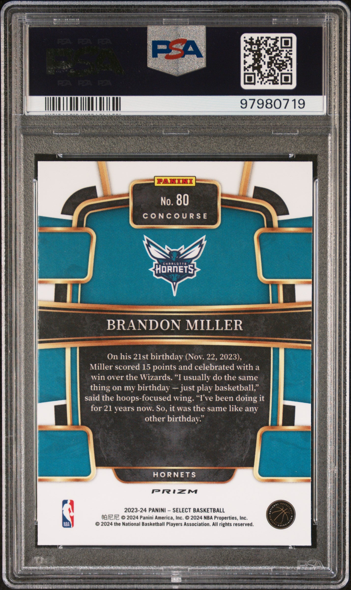 2023 Panini Select #80 Brandon Miller Disco PSA 10