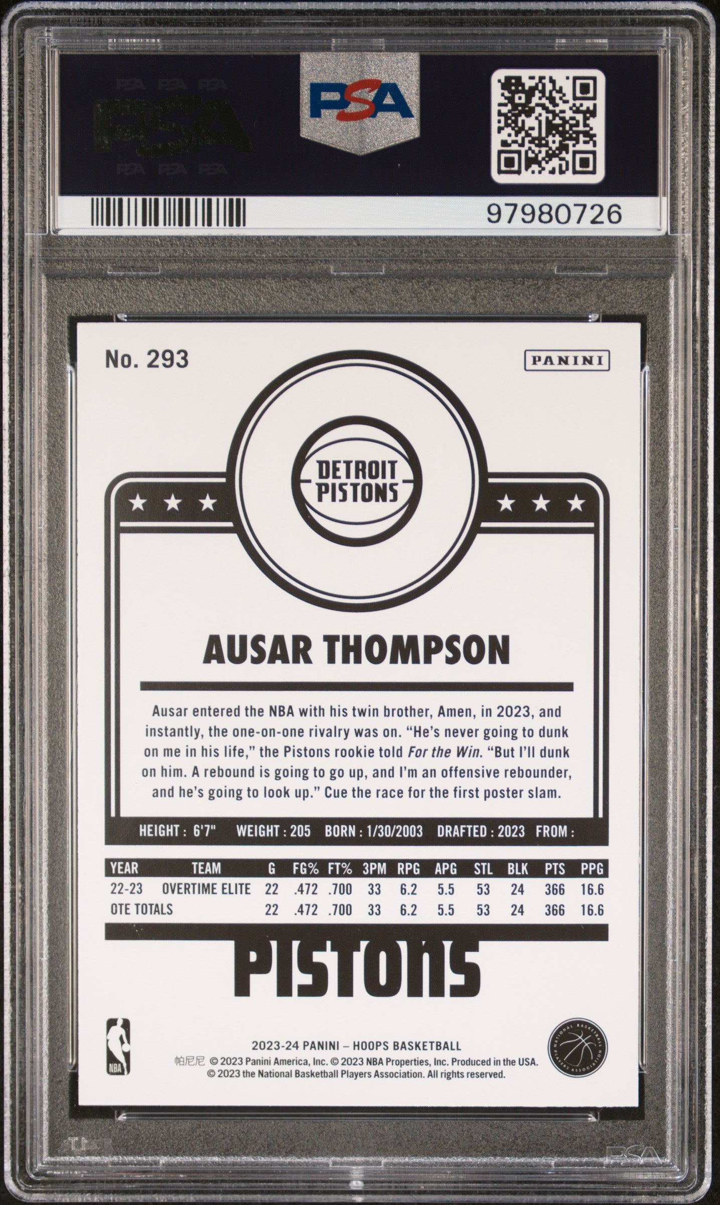 2023 Panini NBA Hoops #293 Ausar Thompson Winter PSA 10