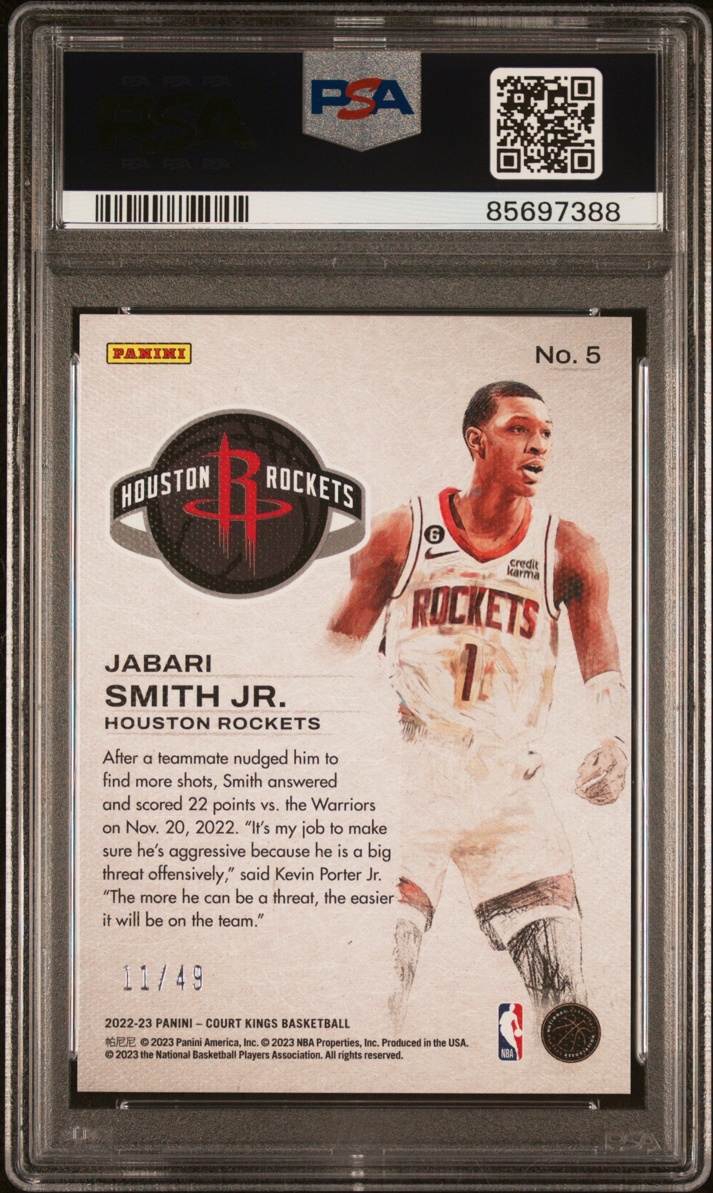 2022 Panini Court Kings Works In Progress #5 Jabari Smith Jr.-Violet/49 PSA 10