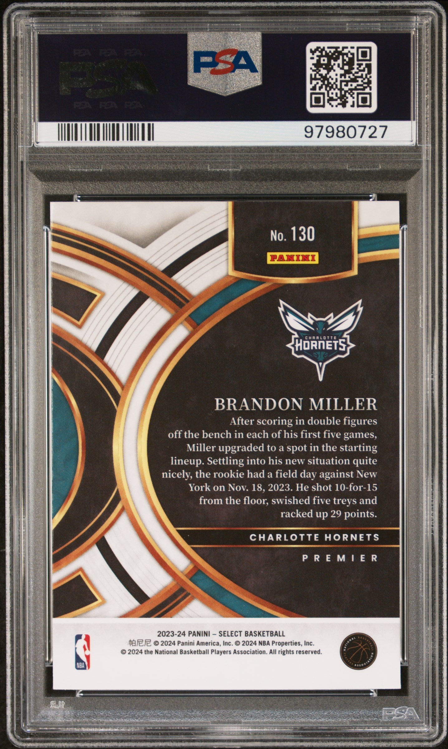 2023 Panini Select #130 Brandon Miller Blue PSA 10