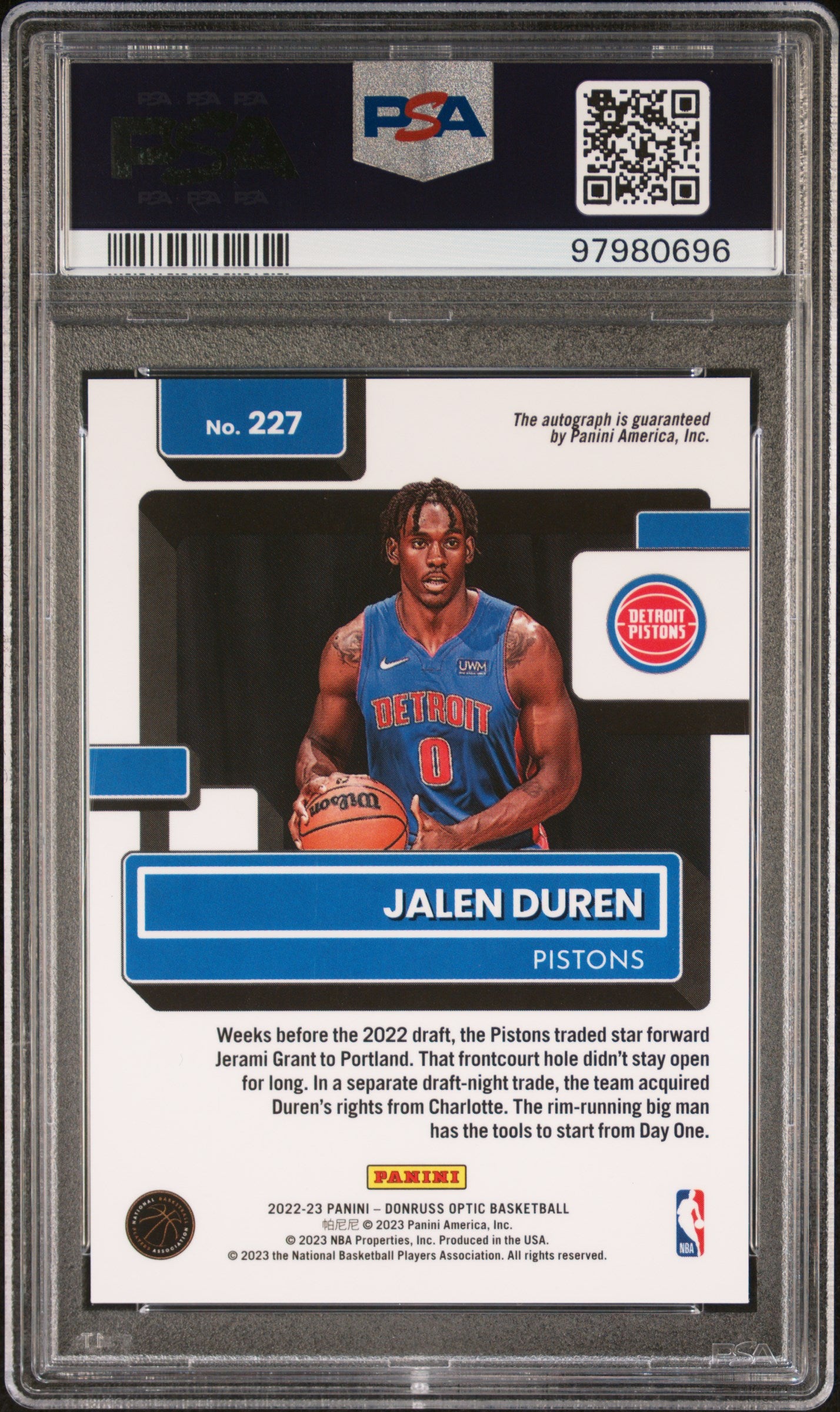 2022 Panini Donruss Optic #227 Jalen Duren Signature PSA 8