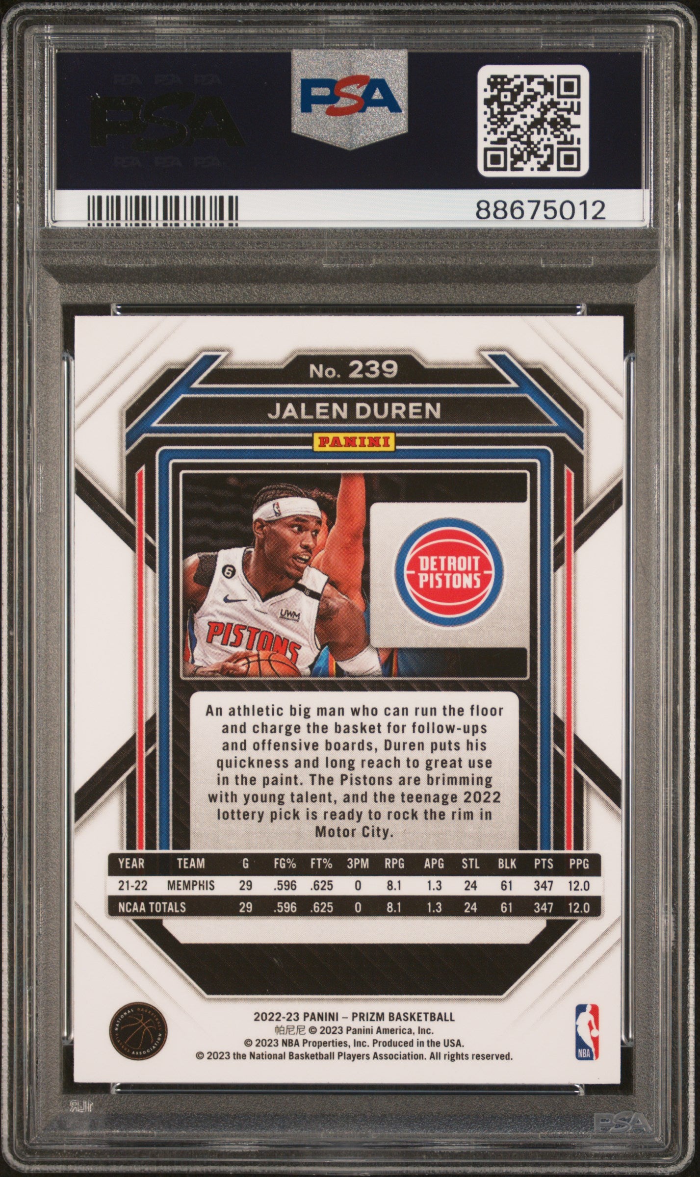 2022 Panini Prizm #239 Jalen Duren PSA 10