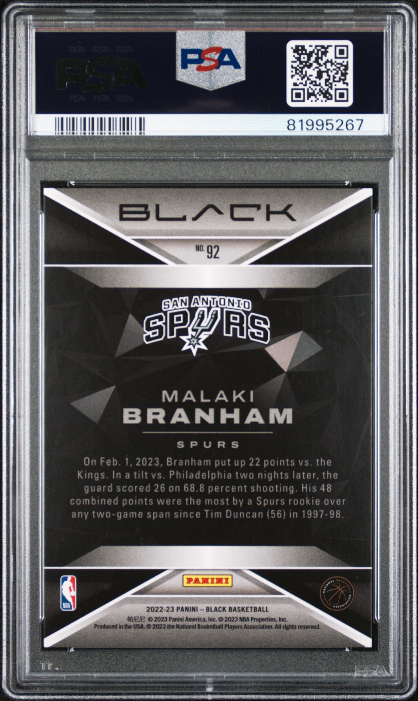 2022 Panini Black #92 Malaki Branham Quartz PSA 10