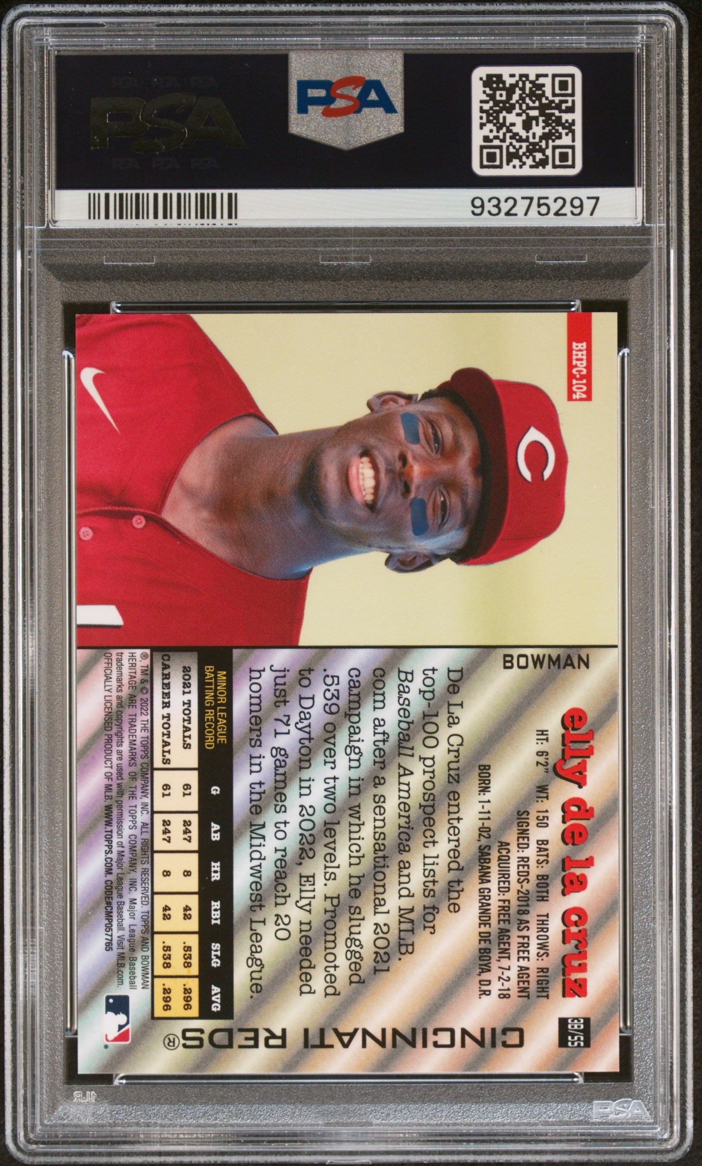 2022 Bowman Heritage Chrome Prospects #104 Elly De La Cruz Yellow/75 PSA 10